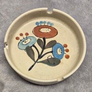 Vintage Nevco Stoneware Ashtray Folk Art Floral Ceramic Made in Korea MCM 5.25"
